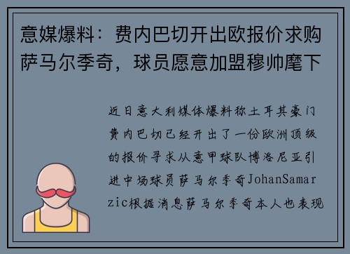 意媒爆料：费内巴切开出欧报价求购萨马尔季奇，球员愿意加盟穆帅麾下