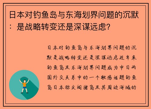 日本对钓鱼岛与东海划界问题的沉默：是战略转变还是深谋远虑？