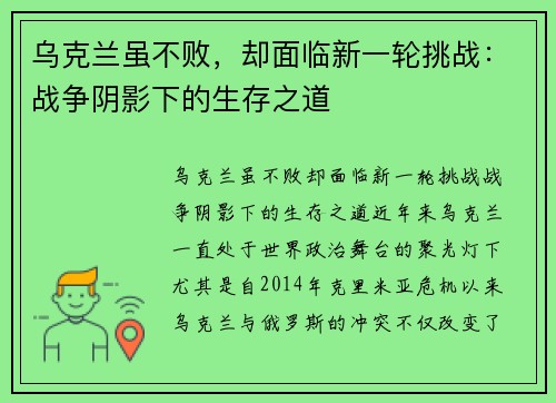 乌克兰虽不败，却面临新一轮挑战：战争阴影下的生存之道