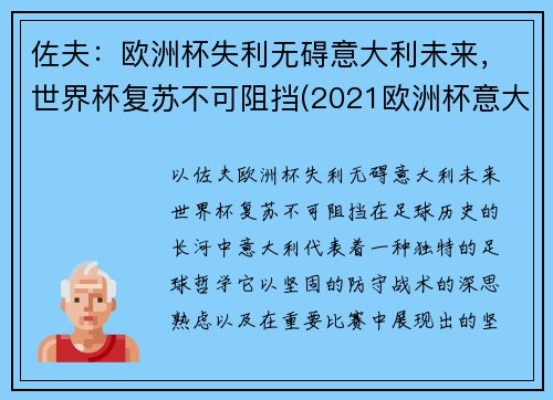 佐夫：欧洲杯失利无碍意大利未来，世界杯复苏不可阻挡(2021欧洲杯意大利独赢)