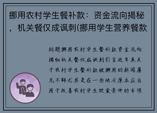 挪用农村学生餐补款:资金流向揭秘,机关餐仅成讽刺(挪用学生营养餐款如何处罚)