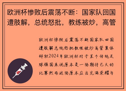 欧洲杯惨败后震荡不断：国家队回国遭肢解，总统怒批，教练被炒，高管集体辞职