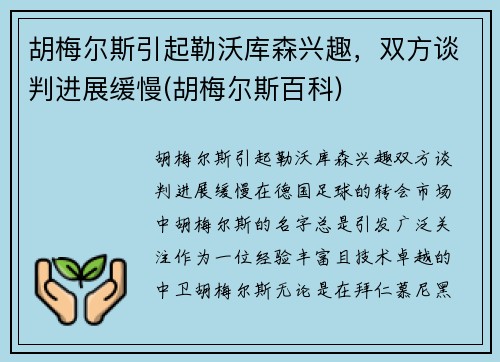胡梅尔斯引起勒沃库森兴趣，双方谈判进展缓慢(胡梅尔斯百科)