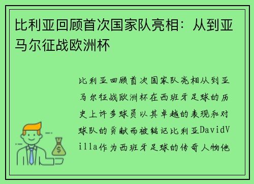 比利亚回顾首次国家队亮相：从到亚马尔征战欧洲杯